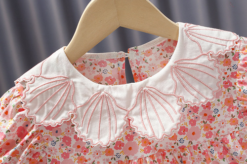 Princess dress for children and baby girls summer pink floral girl dress shell lace collar lady going out skirt