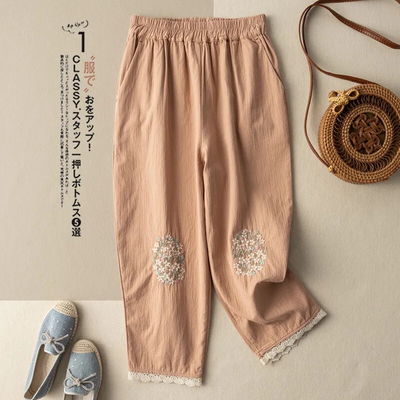 Ethnic Style Retro Literary Embroidered Cotton and Linen Harem Pants for Women Summer Thin Linen Literary Loose Casual Nine-Point Pants Ethnic Style Retro Literary Embroidered Cotton and Linen Harem Pants for Women Summer Thin Linen Literary Loose Casual Nine-Point Pants