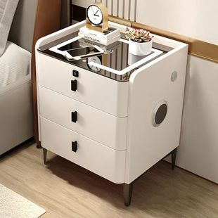Modern Simple Smart Solid Wood Bedside Table Light Luxury Multi-Functional Wireless Charging Fingerprint Lock Bedroom Bedside Table with Light
