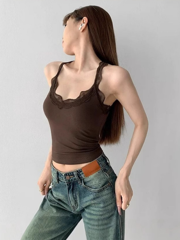 クロスボーダーセクシーで純粋な魅力のUネックレースタンクトップ、女性用夏向け個性的なスリムフィットショート丈ホットガールキャミソール、インナーとしても着用できるトップス