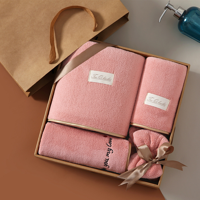 Coral Velvet Towel Bath Towel Bath Set Absorbent Four-Piece Gift Box Custom Logo Business High Quality