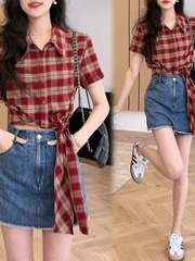 夏季通勤穿搭蝴蝶结绑带上衣大码美式复古红色格子翻领短袖衬衫潮