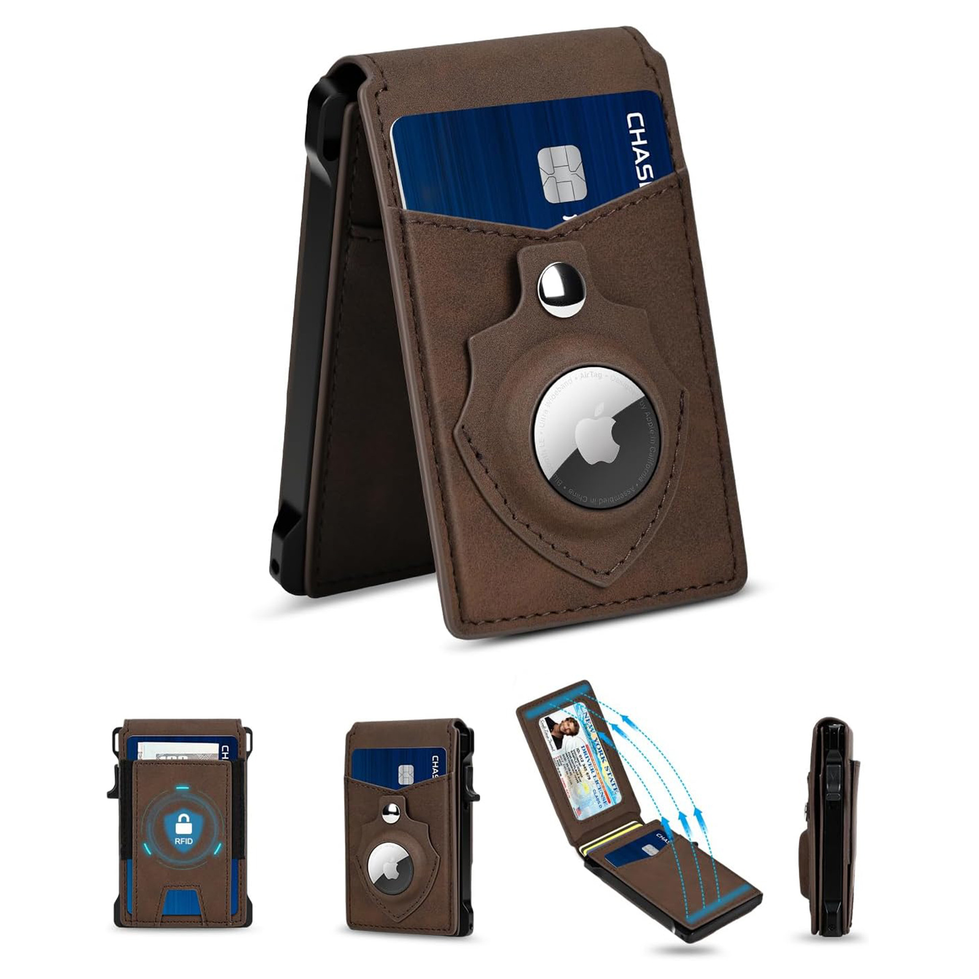 Amazon Doble tapa doble caja de tarjetas de metal con AirTag bit bolso de tarjetas antirrobo multifuncional bolso de cuero para hombres