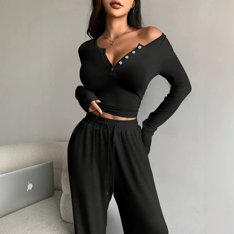 2026 European and American cross-border autumn new set: long-sleeved buttoned solid color tight top and long pants two-piece set for women 2026 European and American cross-border autumn new set: long-sleeved buttoned solid color tight top and long pants two-piece set for women