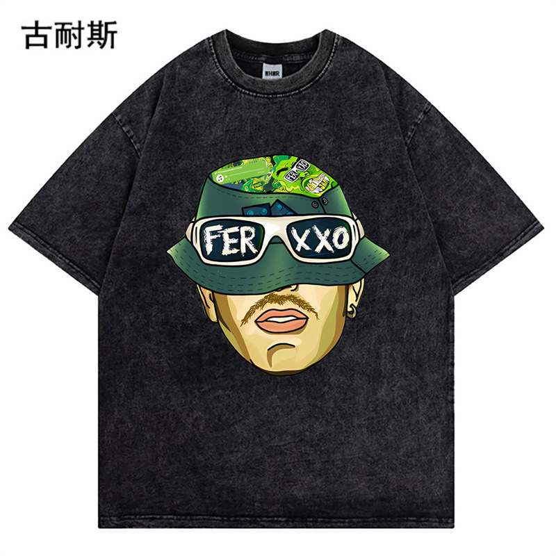 亚马逊美式复古短袖t恤男女夏季做旧水洗正肩宽松独特港风ins上衣