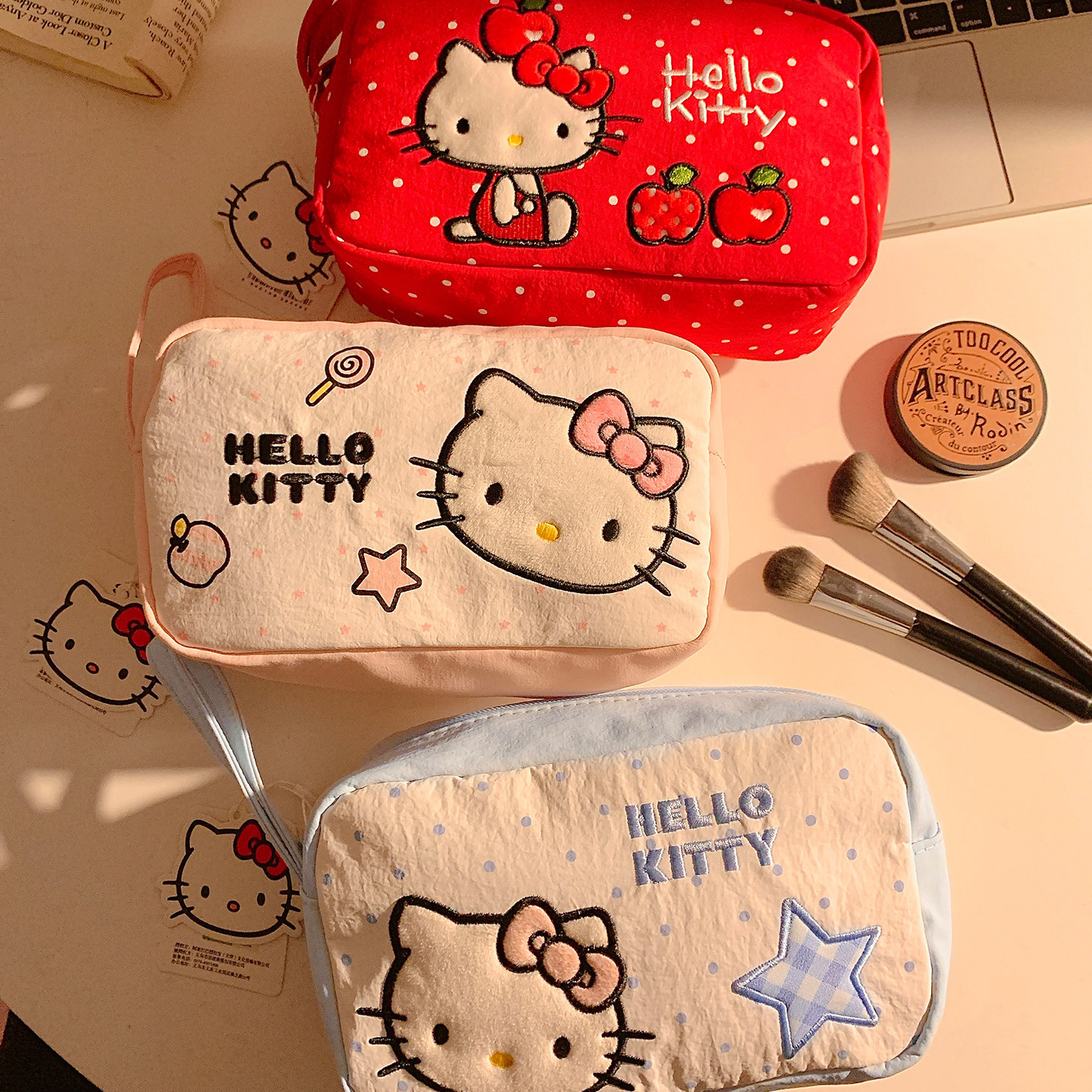 Japanese-Style Cartoon Hello Kitty Canvas Clutch Bag for Girls, Portable Large-Capacity Travel Cosmetics Storage Bag