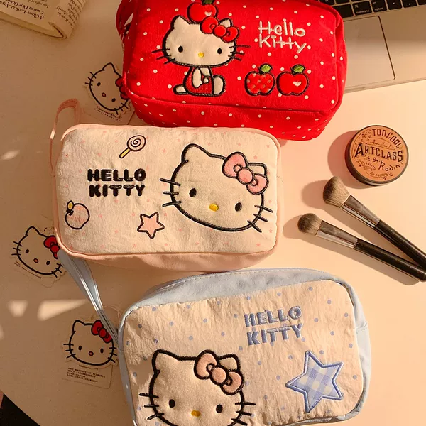 Japanese-Style Cartoon Hello Kitty Canvas Clutch Bag for Girls, Portable Large-Capacity Travel Cosmetics Storage Bag