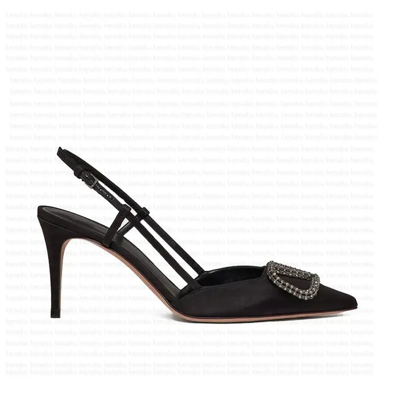 2025 Summer New Style Black Satin High Heels with Pointed Toe, Rhinestone V Buckle, Stunning French-Style Backless Strap Sandals