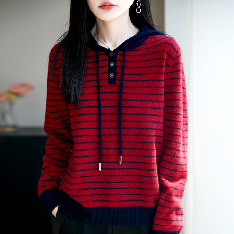 2025秋冬新款100羊毛衫女式宽松连帽撞色条纹卫衣打底针织衫毛衣|undefined