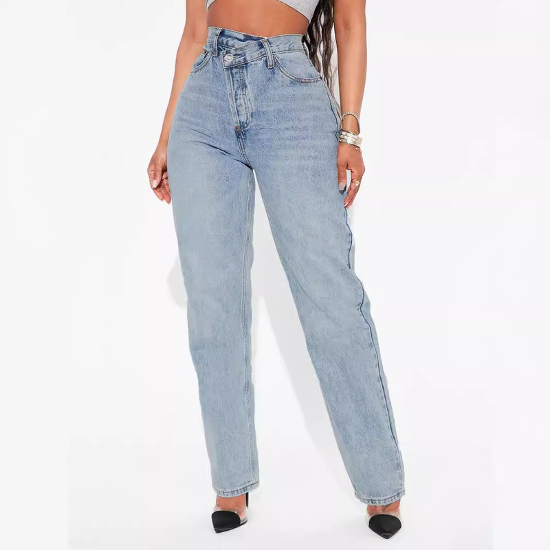 Y2K Cross-Border Women's Clothing Slanted Waist Cross Retro Heavy Industry Washed Straight Denim Pants
