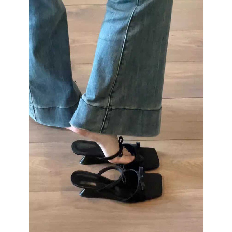 Summer sandals with bow square toe wedge heel