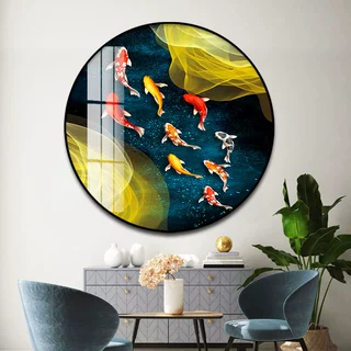 客厅装饰画入户玄关走廊过道壁画圆形九鱼图现代轻奢晶瓷挂画