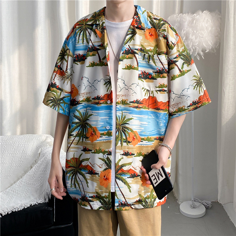 Cuban Collar Shirt Men's ins Seaside Vacation Loose Hawaiian vintage Trendy Retro Couple's Beach Shirt