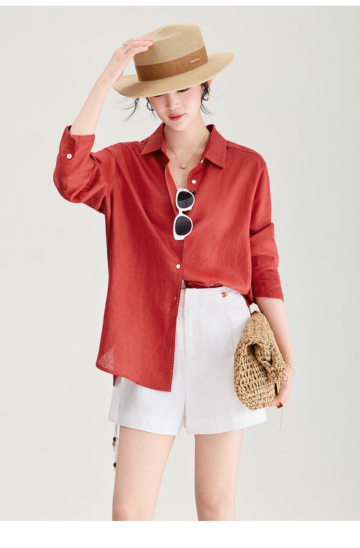 Áo sơ mi nữ linen chất lượng cao, phong cách cổ điển thư giãn, dáng rộng mùa hè — Đỏ Vermilion chi tiết 17