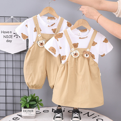 Foreign trade children's summer boys' and girls' overalls two-piece set 0-5 years old children's all-over printed crew neck short-sleeved suit
