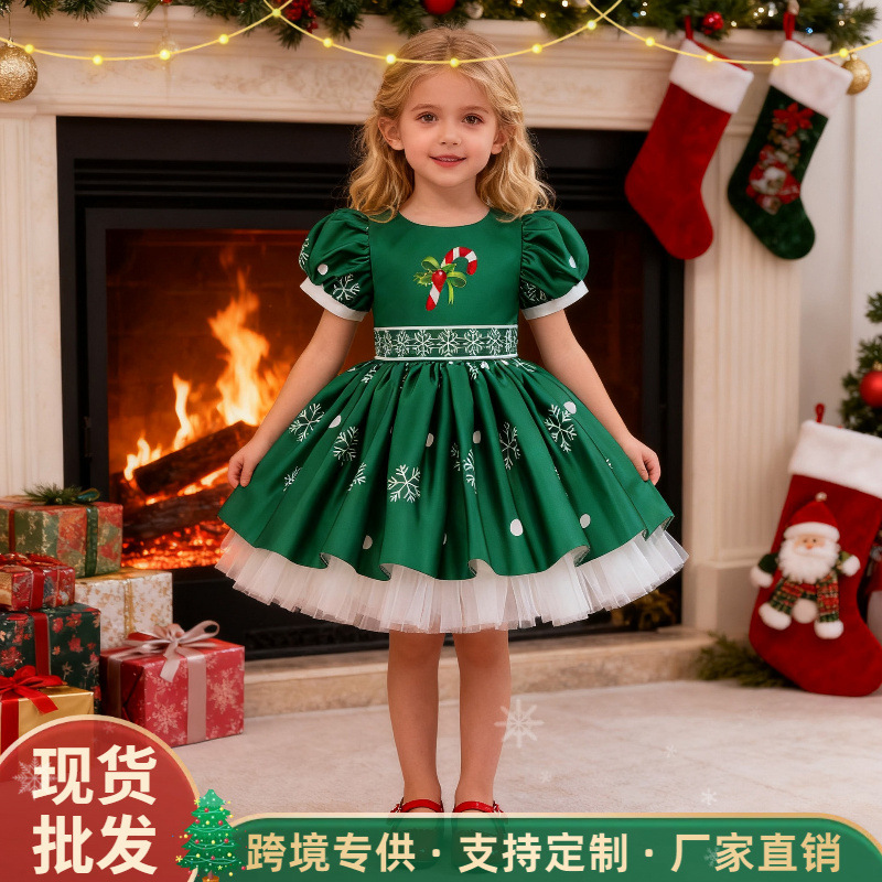 Ropa infantil transfronteriza nuevo vestido de niña princesa de Navidad vestido de nieve impresa cascada vestido de princesa de nieve