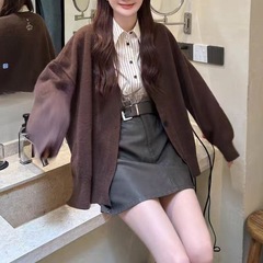 学院风V领软糯毛衣开衫外套女2025早秋季新款宽松慵懒风针织上衣