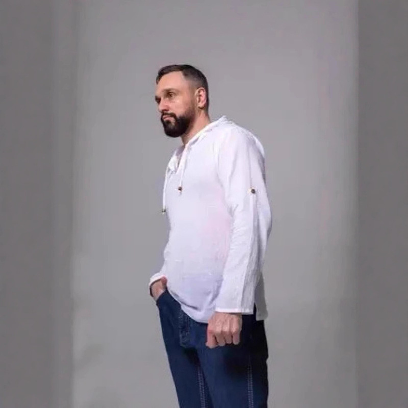 2026 Russian Men's Autumn and Winter Hooded Linen Shirt, Solid Color, Long-Sleeved, Drawstring, Cotton-Linen, Thin Style, Outdoor Casual