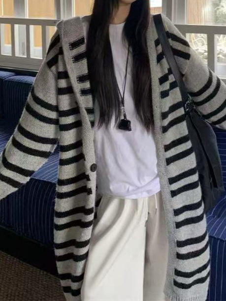 韩系条纹中长款毛衣开衫外套女秋冬季连帽慵懒风小众针织衫上衣|undefined