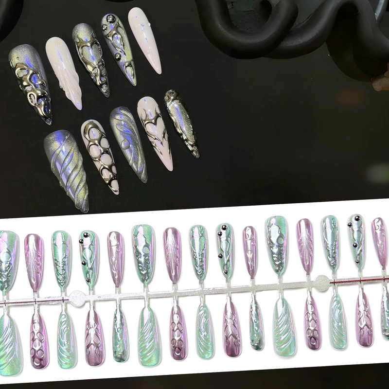 液态金属跨境热销外贸穿戴甲千禧辣妹珠光镭射美甲贴片fake nails|undefined