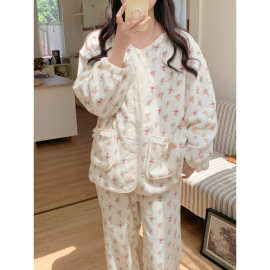 2026 ins新款毛绒花朵领口花边口袋蝴蝶结家居服睡衣套装