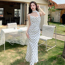 法式白色清纯掐腰波点吊带连衣裙子女夏季202大小单按需生产定-制