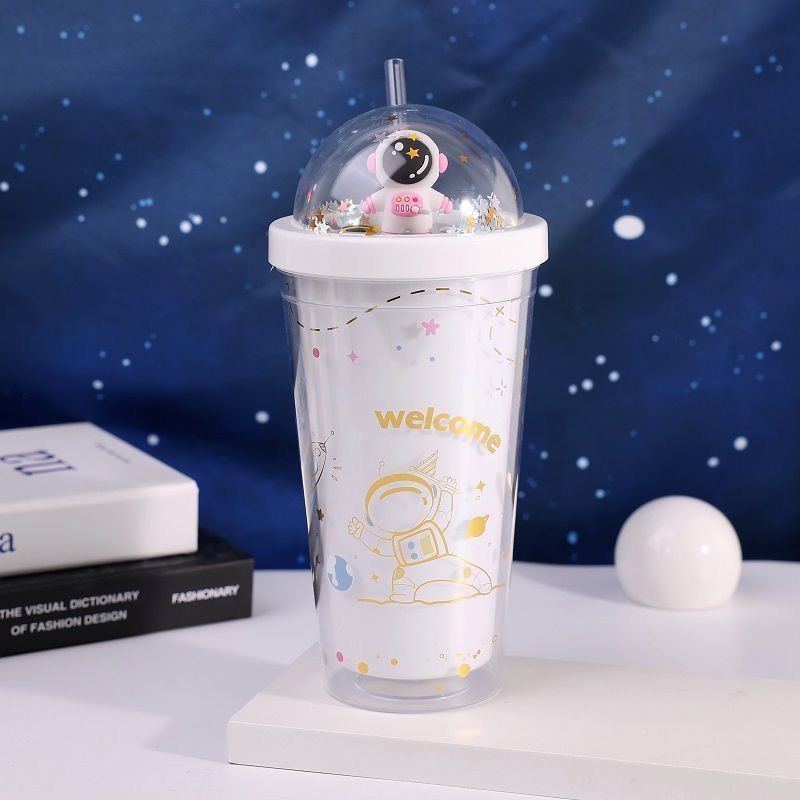 Nuevo espacio lindo astronauta muñeca paja taza Internet celebridad verano hielo taza de dibujos animados lindo doble capa taza de plástico