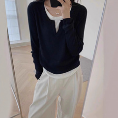 黑色假两件长袖T恤女春秋不规则拼接修身显瘦内搭针织打底衫上衣
