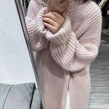 韩国小众慵懒风开叉设计感春秋新款显瘦女式针织衫圆领中长款毛衣