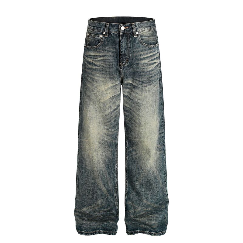 Fx082 American High Street Retro Men's and Women's High-End Washed Blue Cat Whisker Design Men's Loose Jeans Fx082 American High Street Retro Men's and Women's High-End Washed Blue Cat Whisker Design Men's Loose Jeans