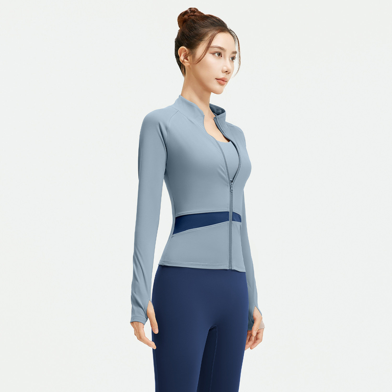 Juyi Tang honey桃 color combinación chaqueta de yoga desnuda chaqueta deportiva de cuello alto delgada ropa de ejercicios transpirable mujer