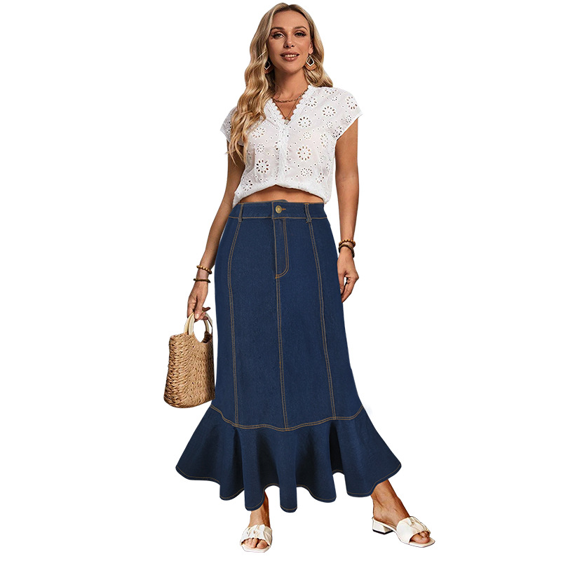 Women's Button-Down Denim Mermaid Skirt, Stretchy Washed Denim Maxi Skirt With Flared Hem, Elegant Tailored Fit_ecoleips.com