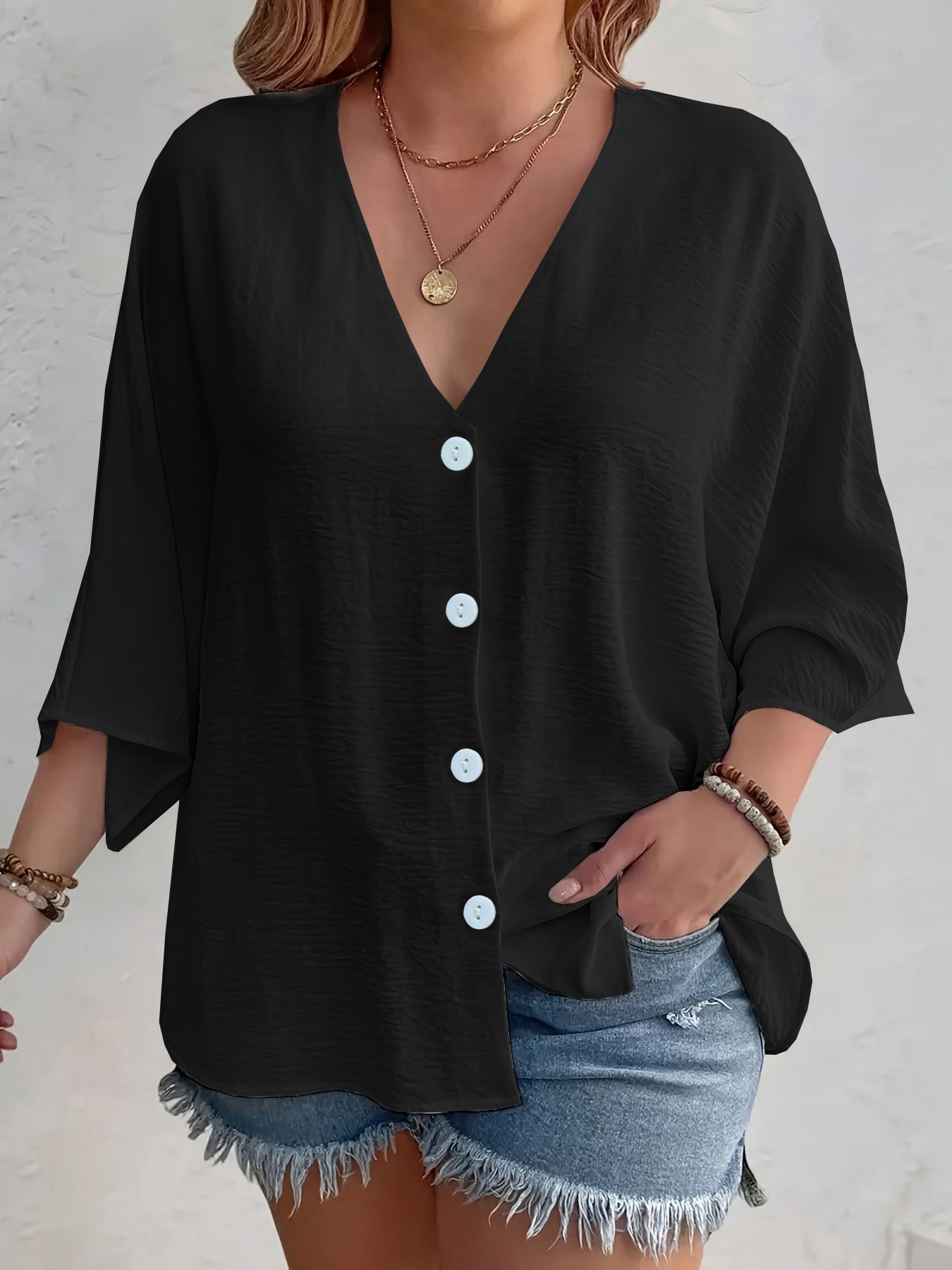Women's Clothing Spring And Autumn New Women's V Neck Button Ice Silk Wrinkle Solid Color Cardigan Long Sleeve Women_voghion.com