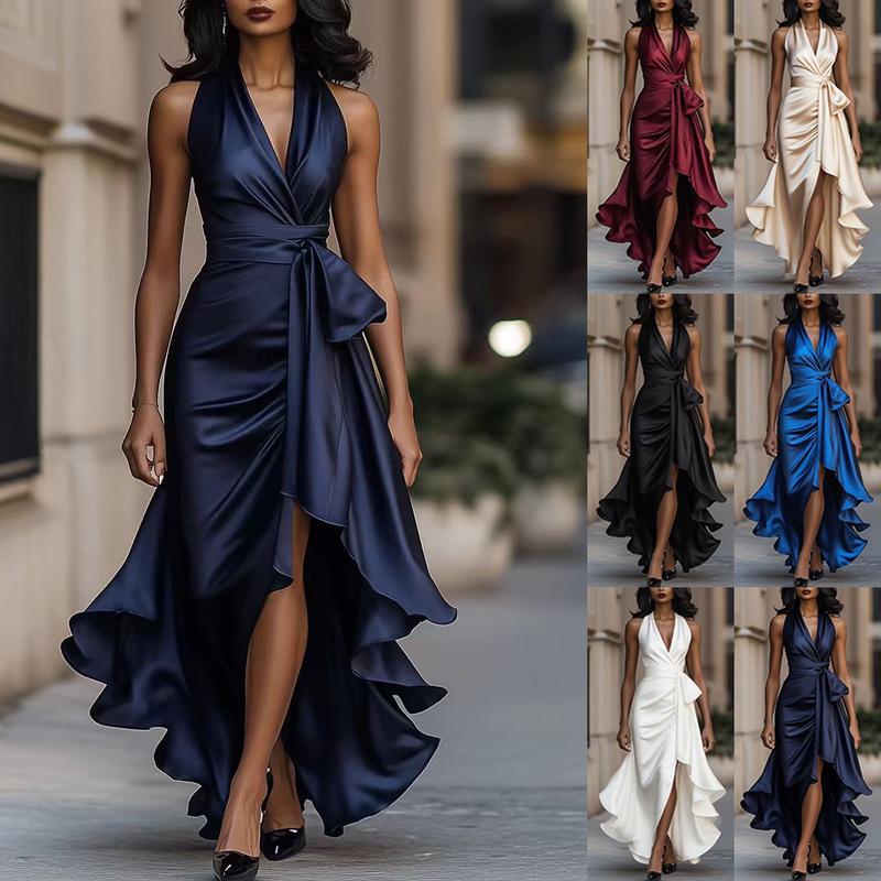 New European and American Style Cross-Border Amazon Satin Deep V-Neck Sleeveless Waist-Cinching Ruffle Elegant Dress for Women New European and American Style Cross-Border Amazon Satin Deep V-Neck Sleeveless Waist-Cinching Ruffle Elegant Dress for Women