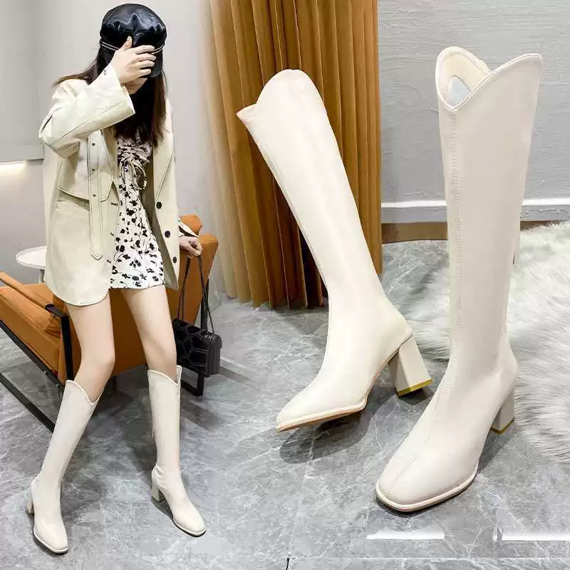 Длинные сапоги, женские осенне-зимние новые белые тонкие сапоги на высоком каблуке с V-образным вырезом и квадратной головкой, но рыцарские сапоги до колен