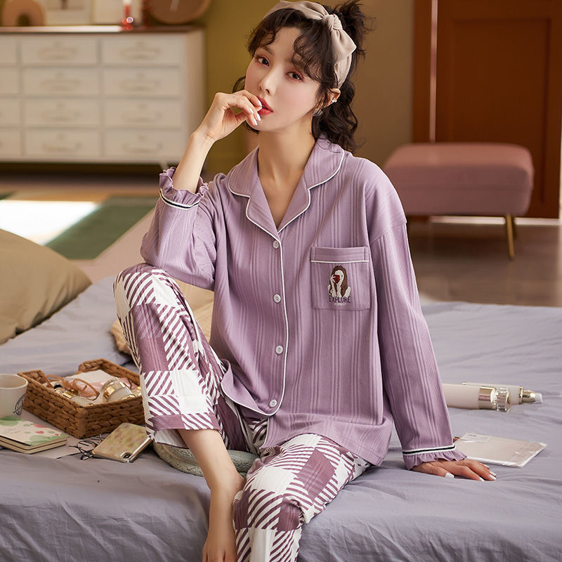 100% pijamas de algodón Primavera y otoño de las mujeres de manga larga coreana dulce princesa estilo cardigan desgaste del hogar traje de dos piezas