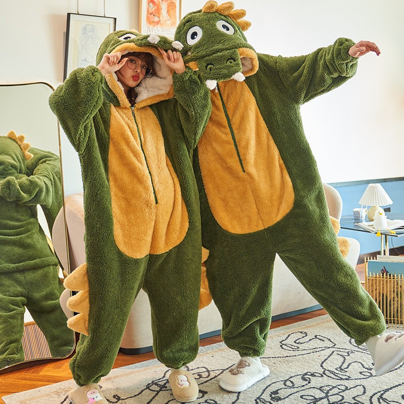 Spring and Autumn Crocodile Cartoon Animal One-Piece Pajamas for Men and Women Same Style Cartoon Flannel Home Clothes Mixed Batch