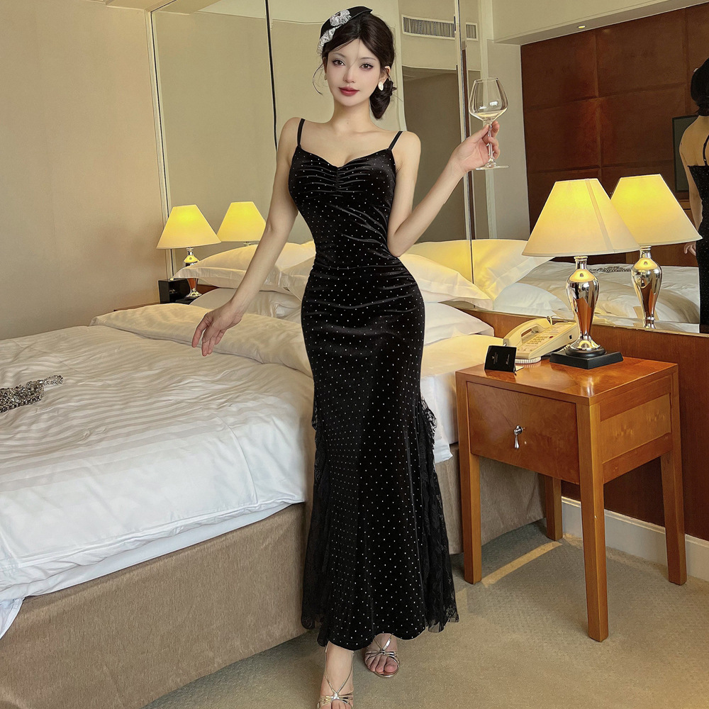 5390 European and American Cross-Border Foreign Trade Women's Clothing Hot Diamond Dress Skirt Lace Splicing Sexy Suspender Fishtail Dress Heavy