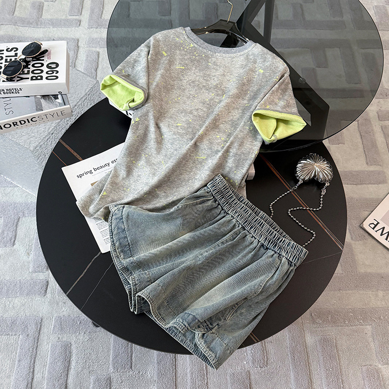 Women's Clothing Casual Fashion Sports Suit For Women Summer New Round Neck Bear Embroidery Tie Dye Top Loose Jeans Two Piece Suit_ecoleips.com