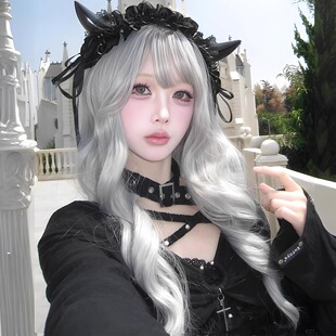 Wig Women's Long Hair Japanese Doll Sense Witch Long Curly Hair Big Wave Gray Air Bangs Natural Full Head Cover