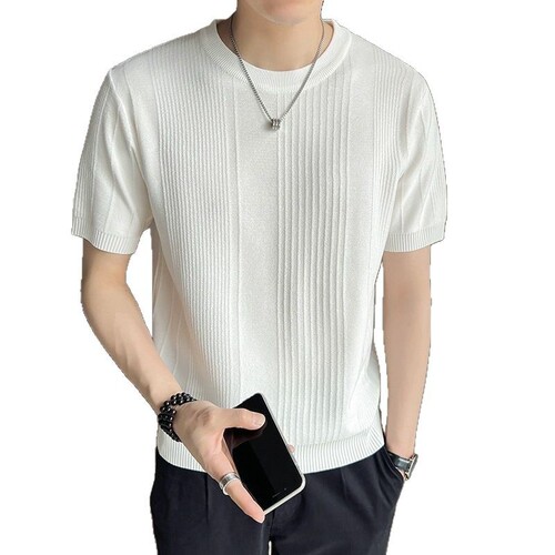 Summer new round collar and short-sleeved knitted shirt, men's ice silk, slim slim, business T-shirt, foreign trade, cross-border wholesale