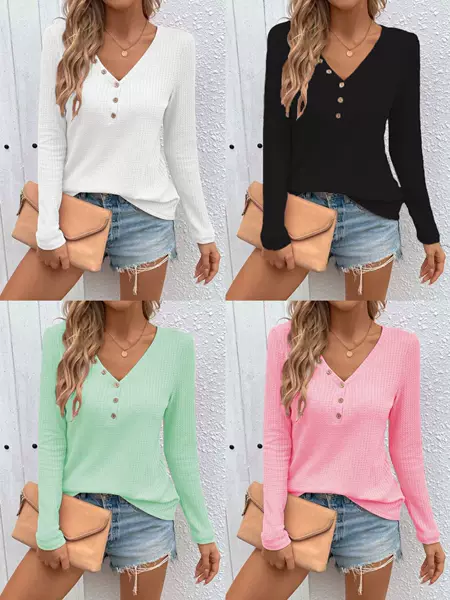 2024 Europe and the United States cross-border women's clothing explosions independent station shein Amazon waffle V-neck button long sleeve T-shirt