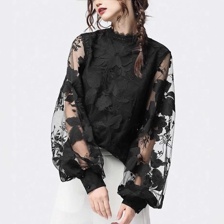 lace solid shirt with a round collar