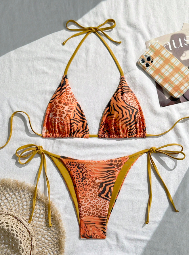 Women's Sexy Leopard Print Bikini Swimsuit Three Piece Tight Fit Halter Neck Two Piece Swimwear_ecoleips.com