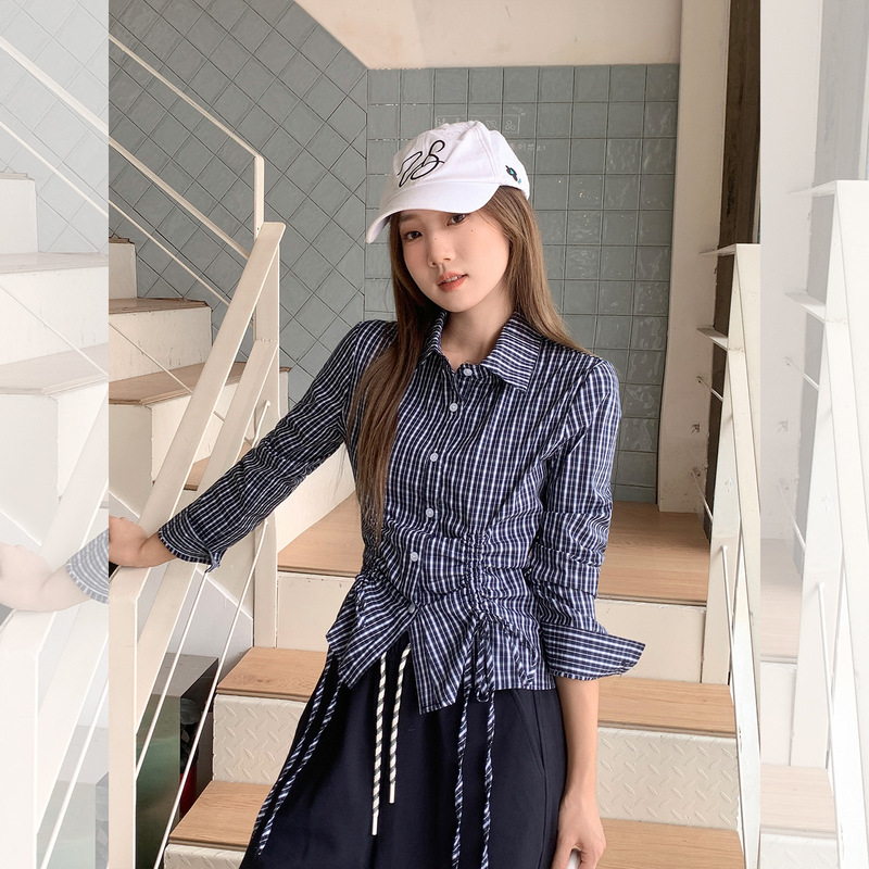 实拍 韩版格纹翻领抽绳收腰衬衣女2025秋季百搭复古长袖衬衫上衣|undefined