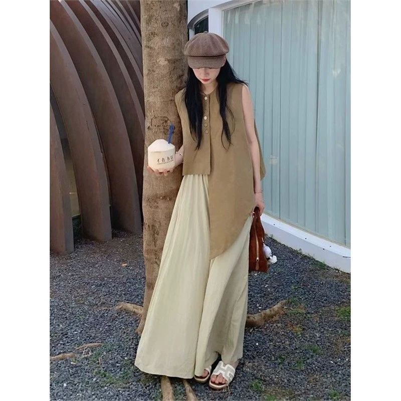 Летний комплект из рубашки-жилета нестандартного фасона в французском стиле, модный свободный универсальный топ и широкие брюки для женщин.