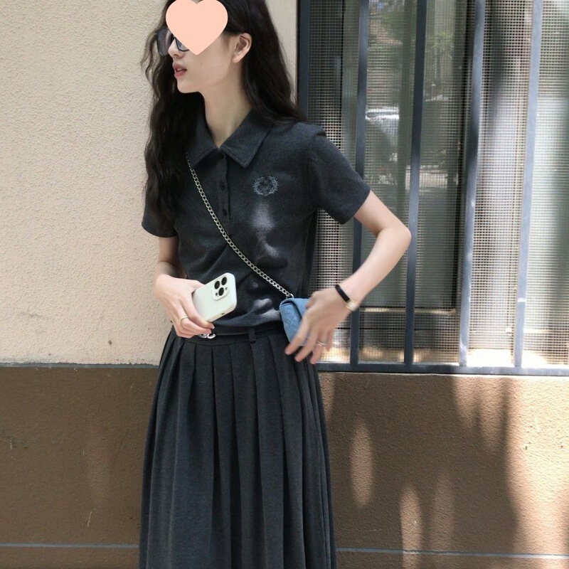 学院风衫刺绣弹力短袖套装2025夏新款上衣半身裙|undefined