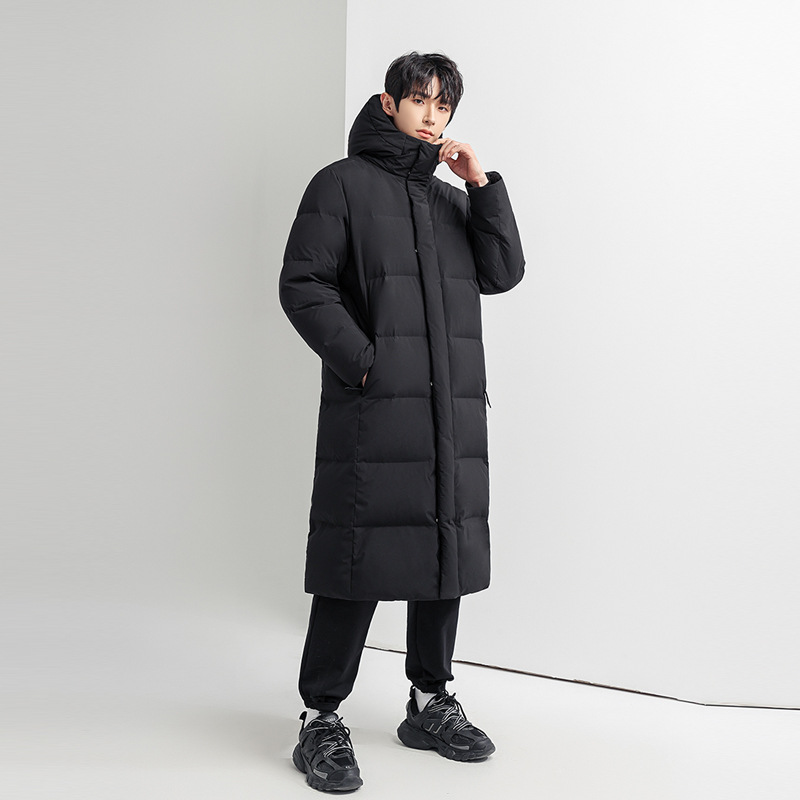 New Fashionable Men's Long down Jacket, Knee-Length, White Duck Down, Hooded, Loose, Warm, Thickened, Plus-Size Hooded Coat