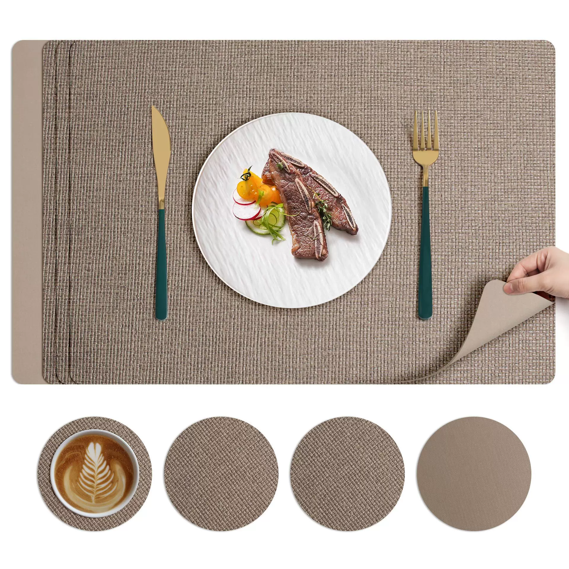 亚马逊热销布纹方形皮革餐垫双面家居酒店西餐垫防水隔热垫现货批