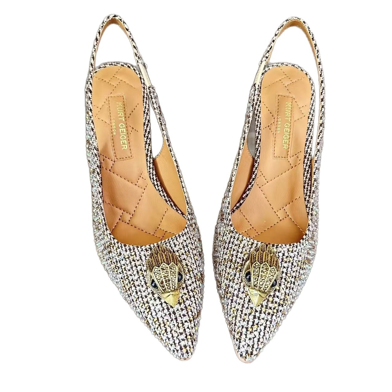Qadın hündürdaban ayaqqabı, houndstooth naxışlı, rhinestone bəzəkli